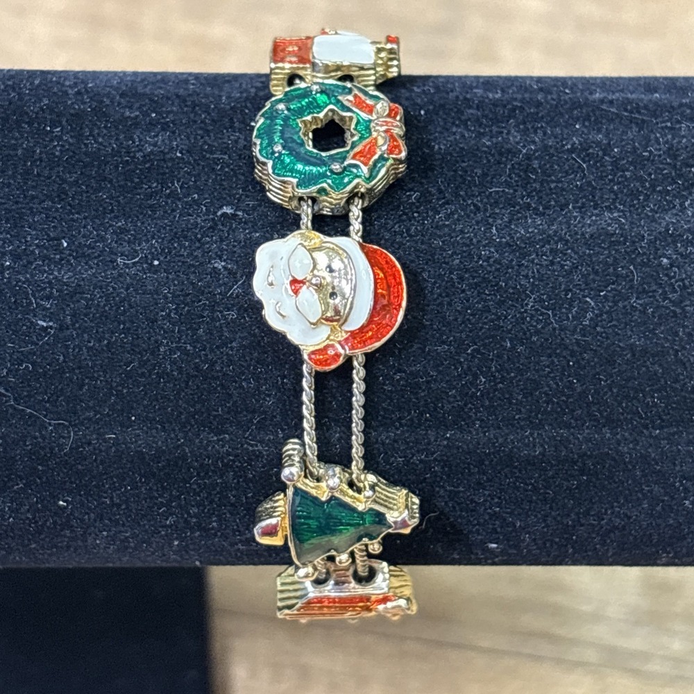 Vintage Avon Christmas Slide Charm Bracelet Gold Tone Enamel Santa Wreath